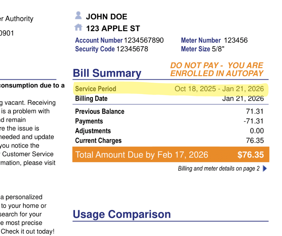 Where to find service period on bill